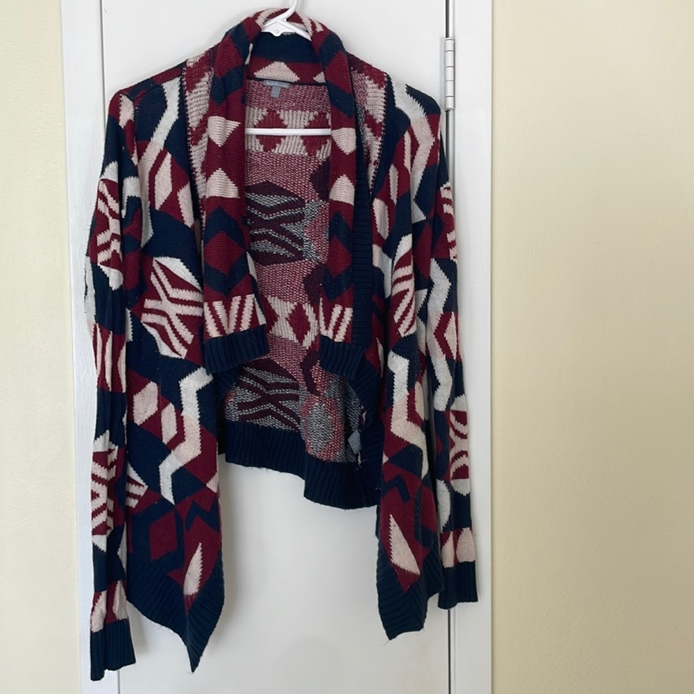 Navy and burgundy, geometric design flowing lapel cardigan sweater, size small